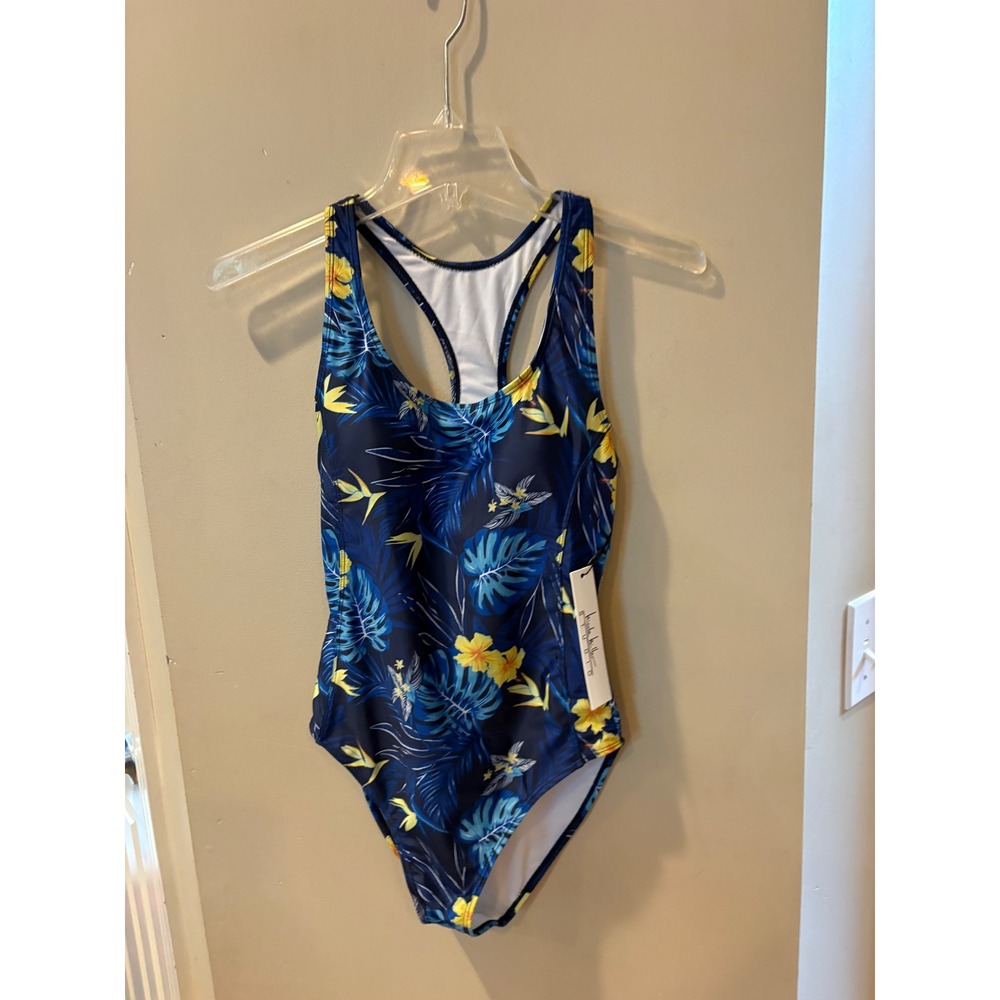 New Nicole Miller Studio Nautical Floral Racerback One Piece Swimsuit  Navy $120